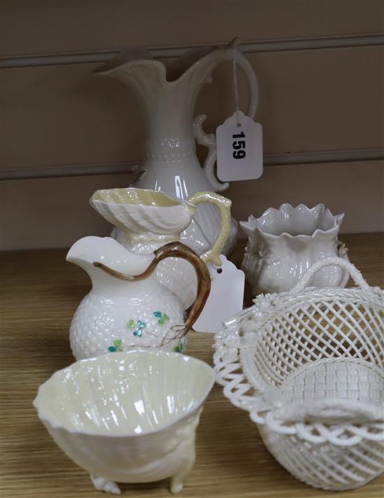 A Belleek Millennium strawberry basket and five other items of Belleek,